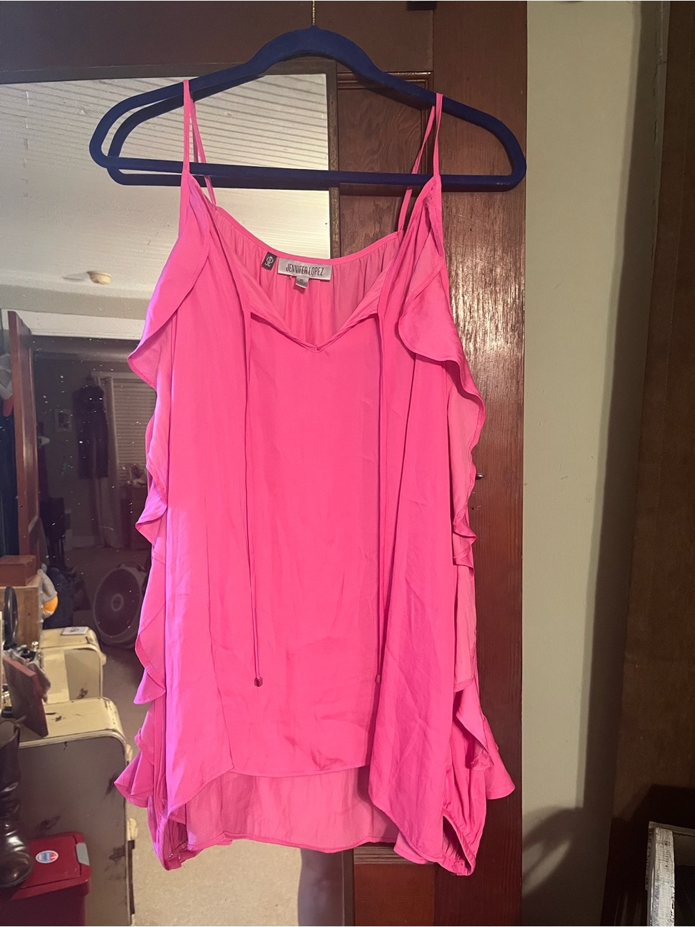 J Lo Pink Ruffle-Trim Cold Shoulder Top